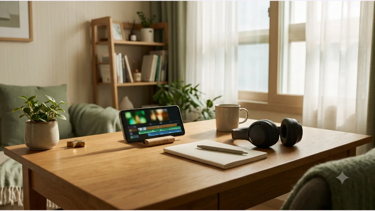 A smartphone mounted sideways on an oak desk, with headphones, a plain notebook and pen, a cup, and a plant