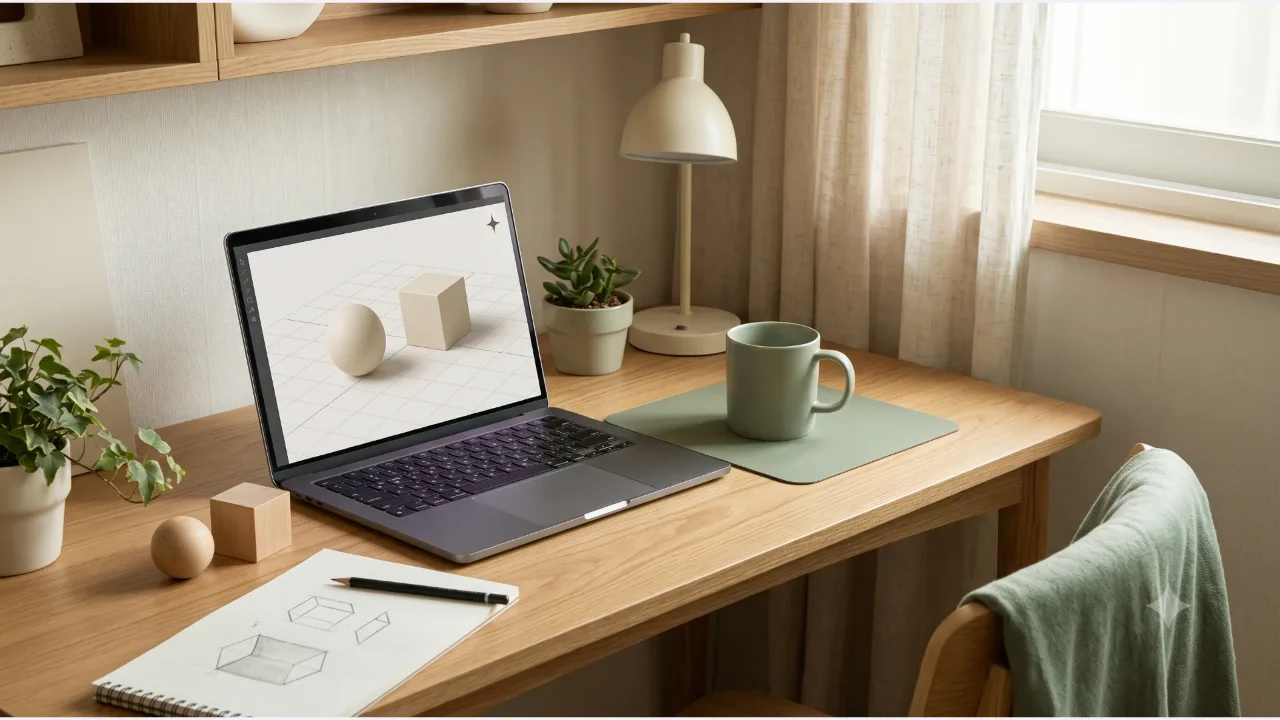 A laptop showing a sphere and a cube, small wooden sphere and cube, a sketchbook, a pencil, and a cup