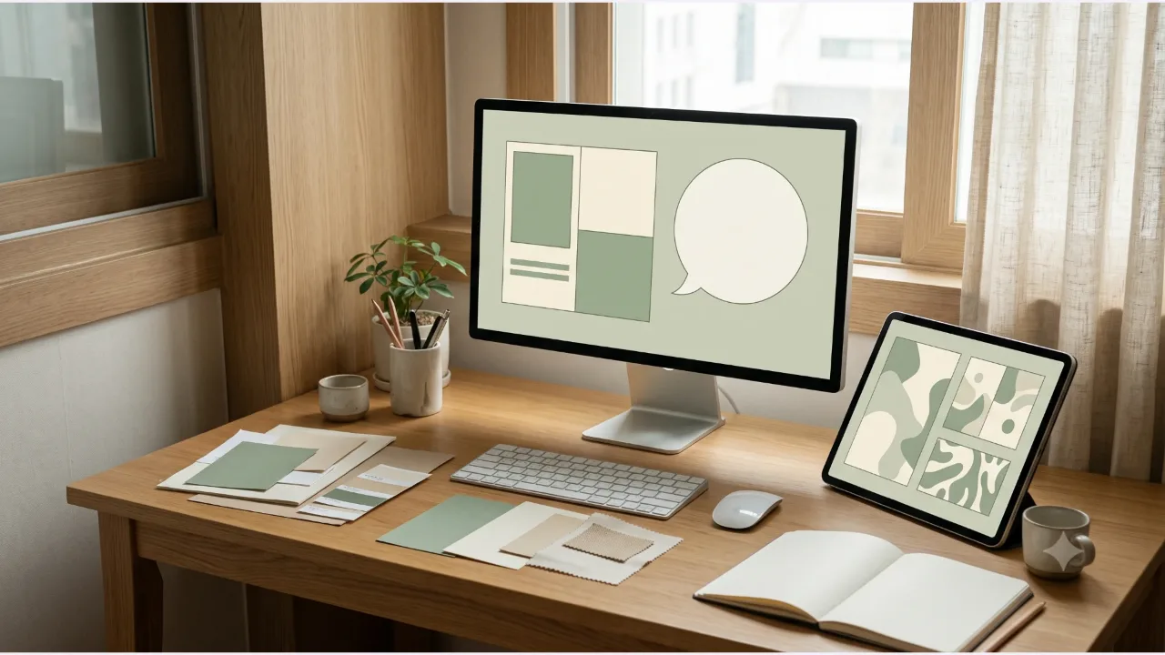 A monitor and tablet on an oak desk showing cream and sage cards and blank chat bubbles