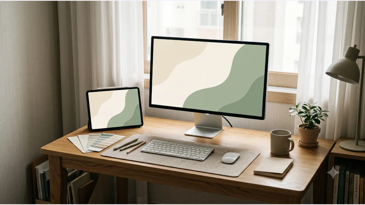 A monitor and tablet on an oak desk showing cream and sage curved shapes, with color swatches and a pen