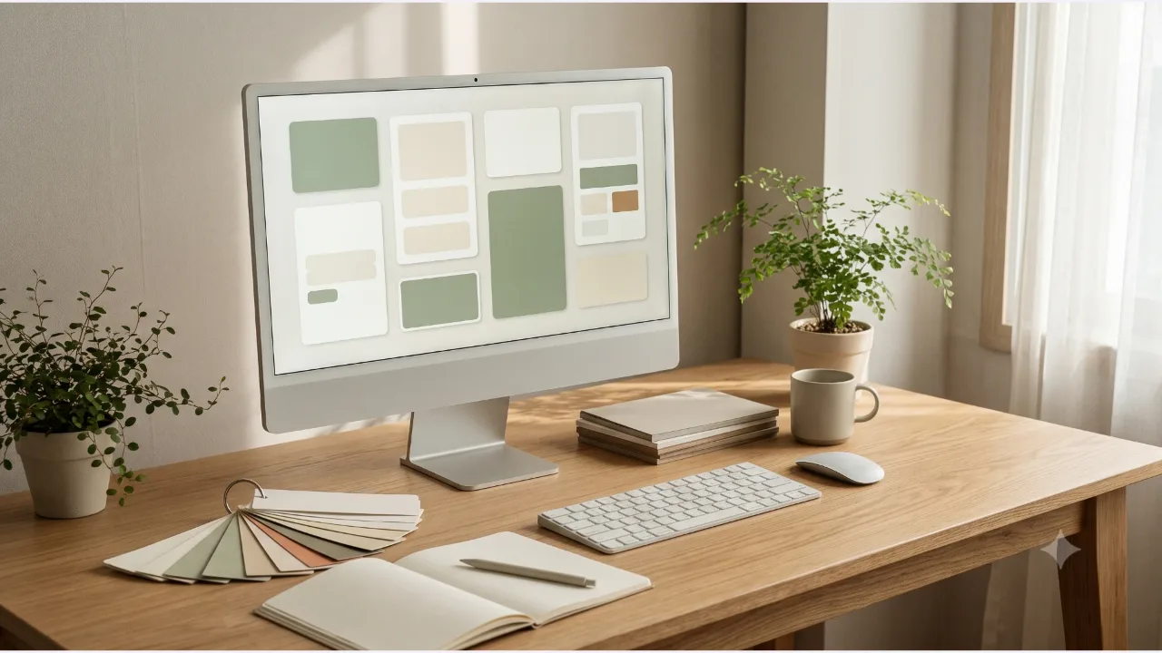 A monitor on an oak desk showing sage-colored card shapes, a plain notebook and color swatches, a pen, and a small plant