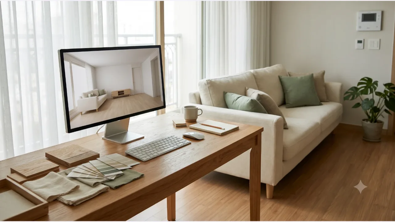 A monitor on an oak work desk showing a living room render, with a cream sofa holding material swatches and a sage cushion