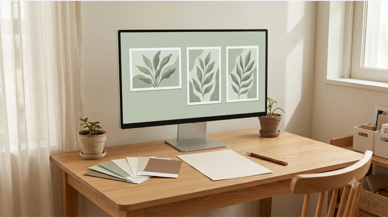 A monitor on an oak design desk showing sage-colored plant image cards, with blank paper, color swatches, a pencil, and a plant