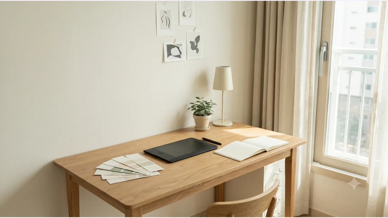 A drawing tablet and pen, a blank sketchbook, color swatch cards, a desk lamp, and a plant on an oak desk