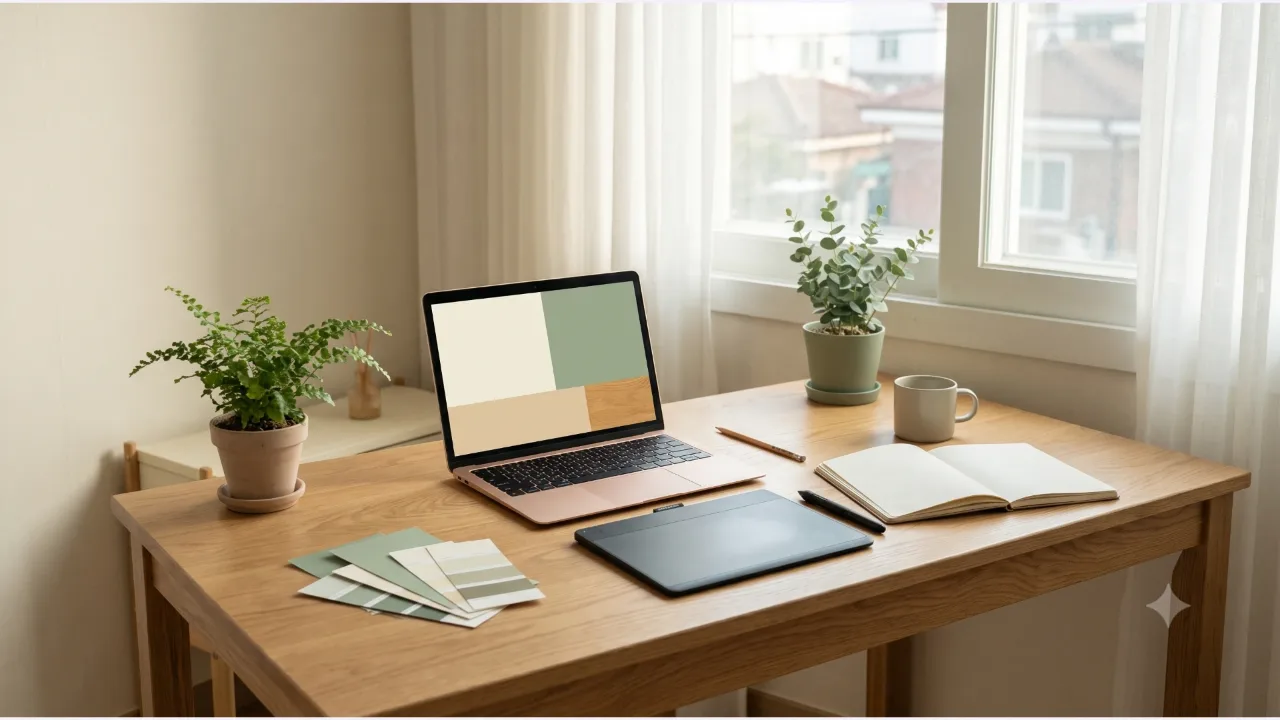 A laptop showing blocks of color, a pen tablet and stylus, color cards, a sketchbook, and a cup