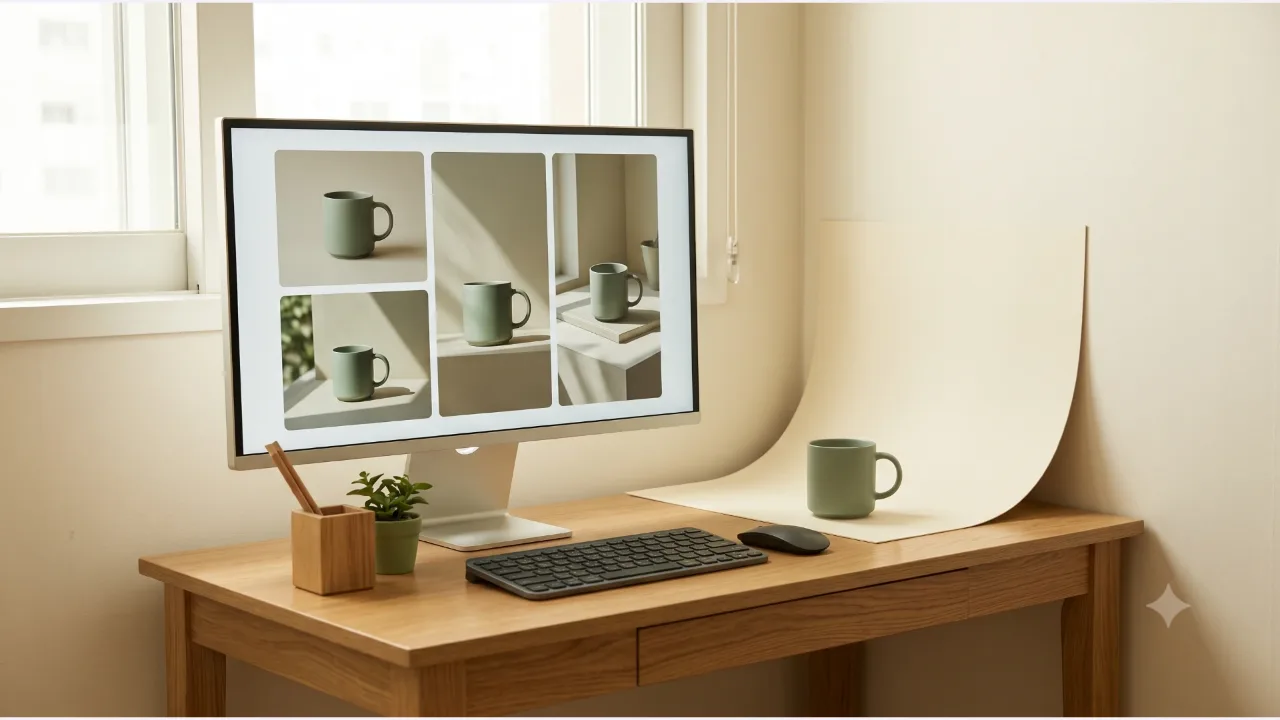 A monitor on an oak desk showing four sage-colored cup image cards, with a ceramic cup and a cream photo backdrop