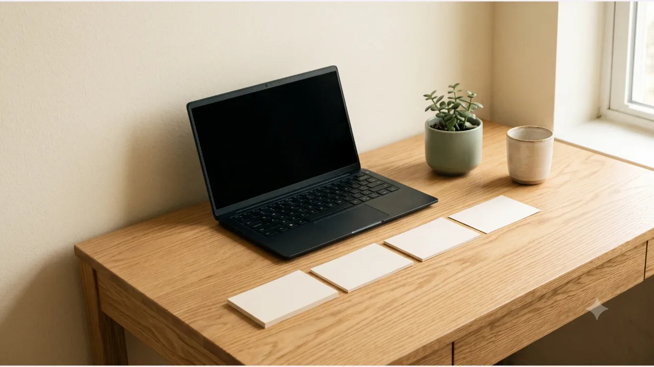 A closed laptop on an oak desk evoking a video editing bench, several blank cards without text, and a small plant and cup